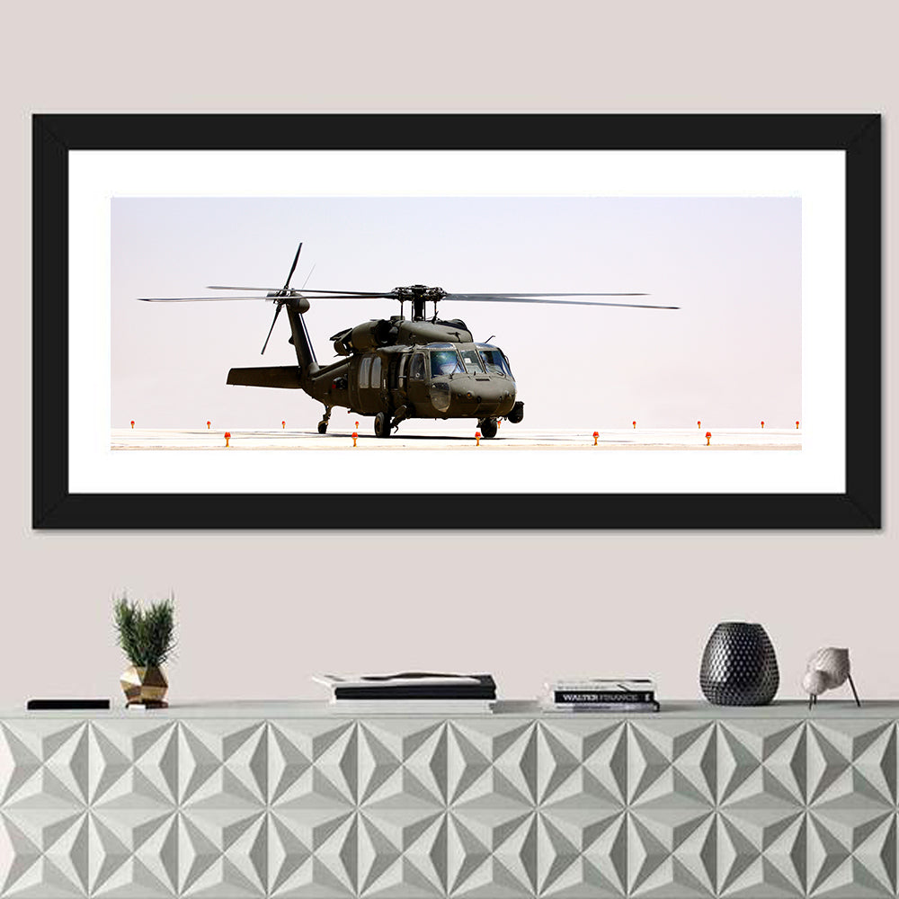 Side Profile Military Helicopter Wall Art in a room, panoramic