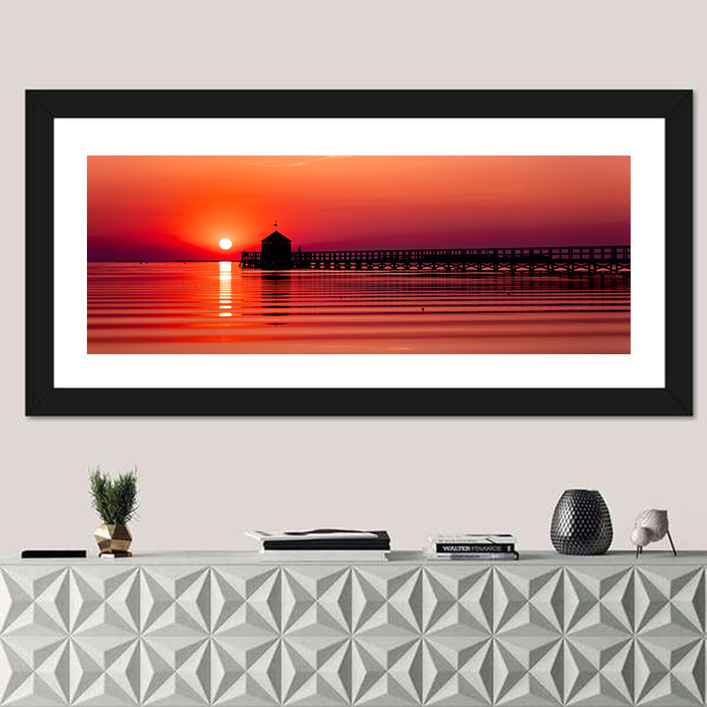 Wooden Pier at Sunset Wall Art in a room, panoramic
