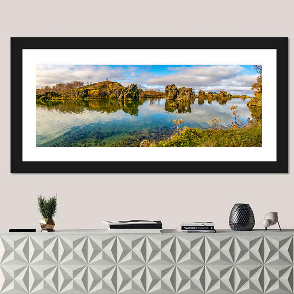 Myvatn Volcanic Rock Reflections Wall Art in a room, panoramic