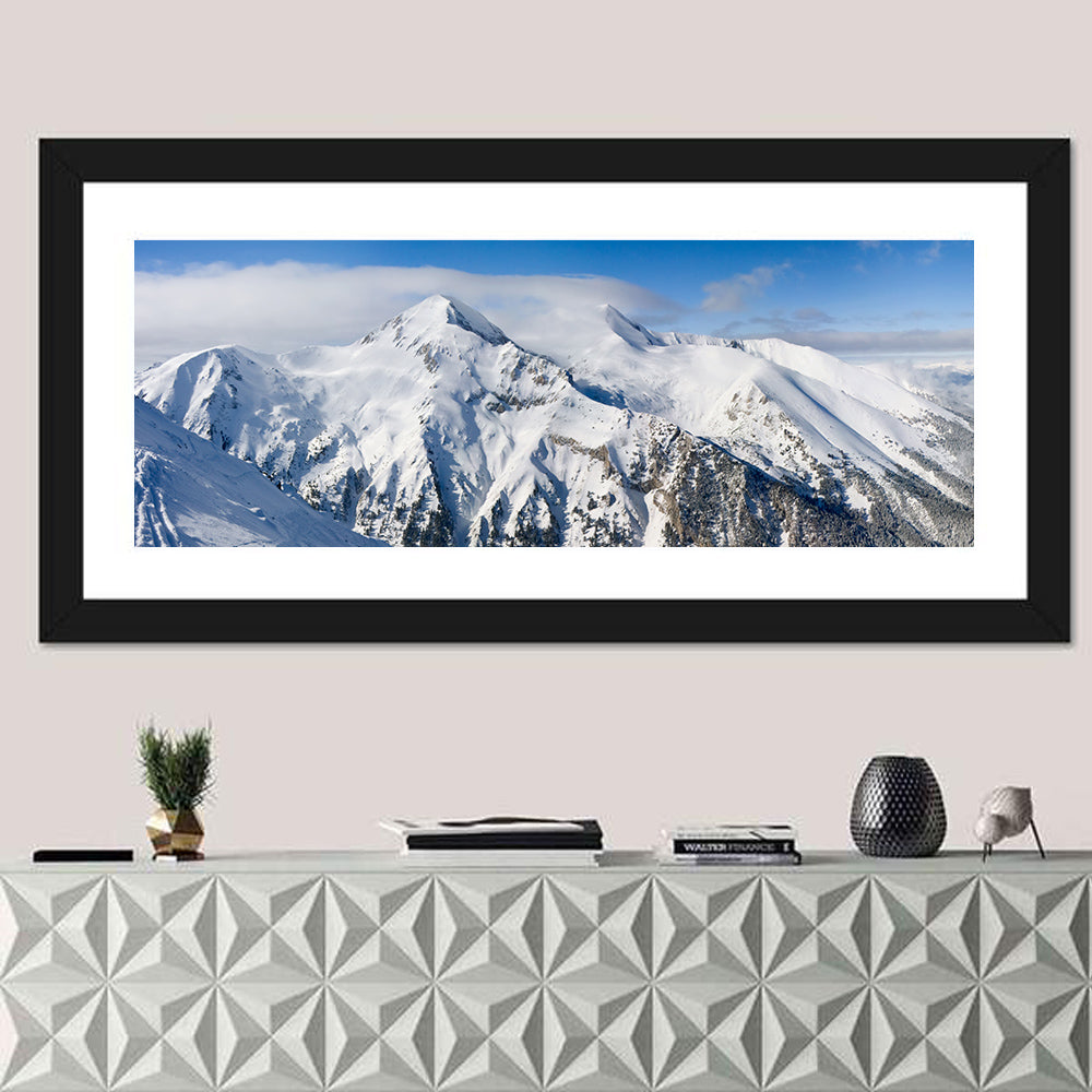 Bansko Snow-capped Peaks Wall Art in a room, panoramic