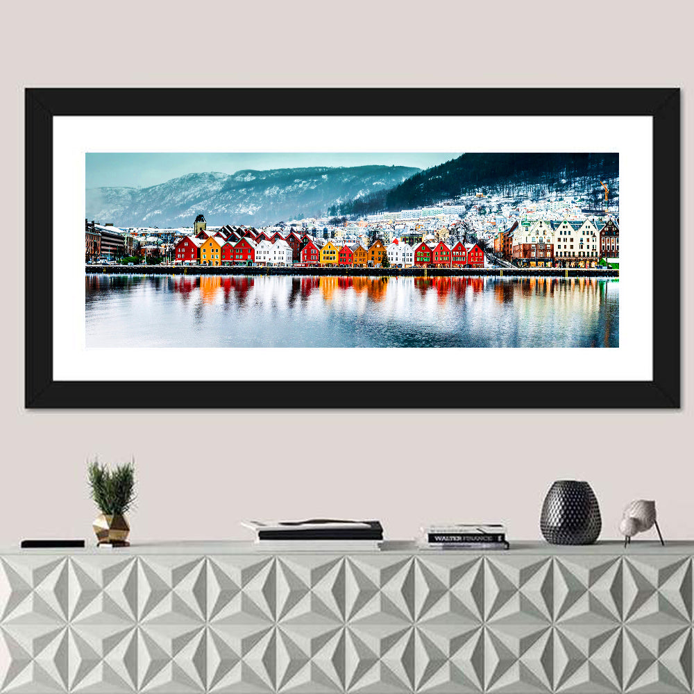 Bryggen Waterfront, Bergen Wall Art in a room, panoramic