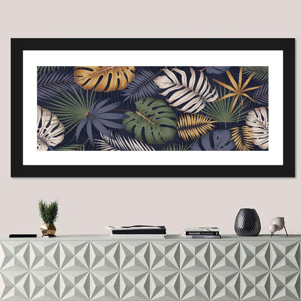Layered Tropical Leaves Pattern Wall Art in a room, panoramic