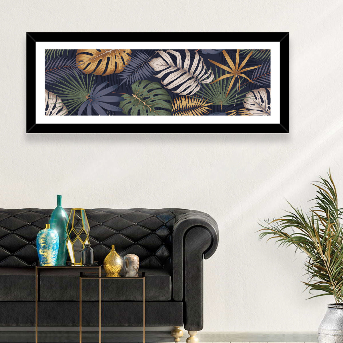 Layered Tropical Leaves Pattern Wall Art in a room, panoramic