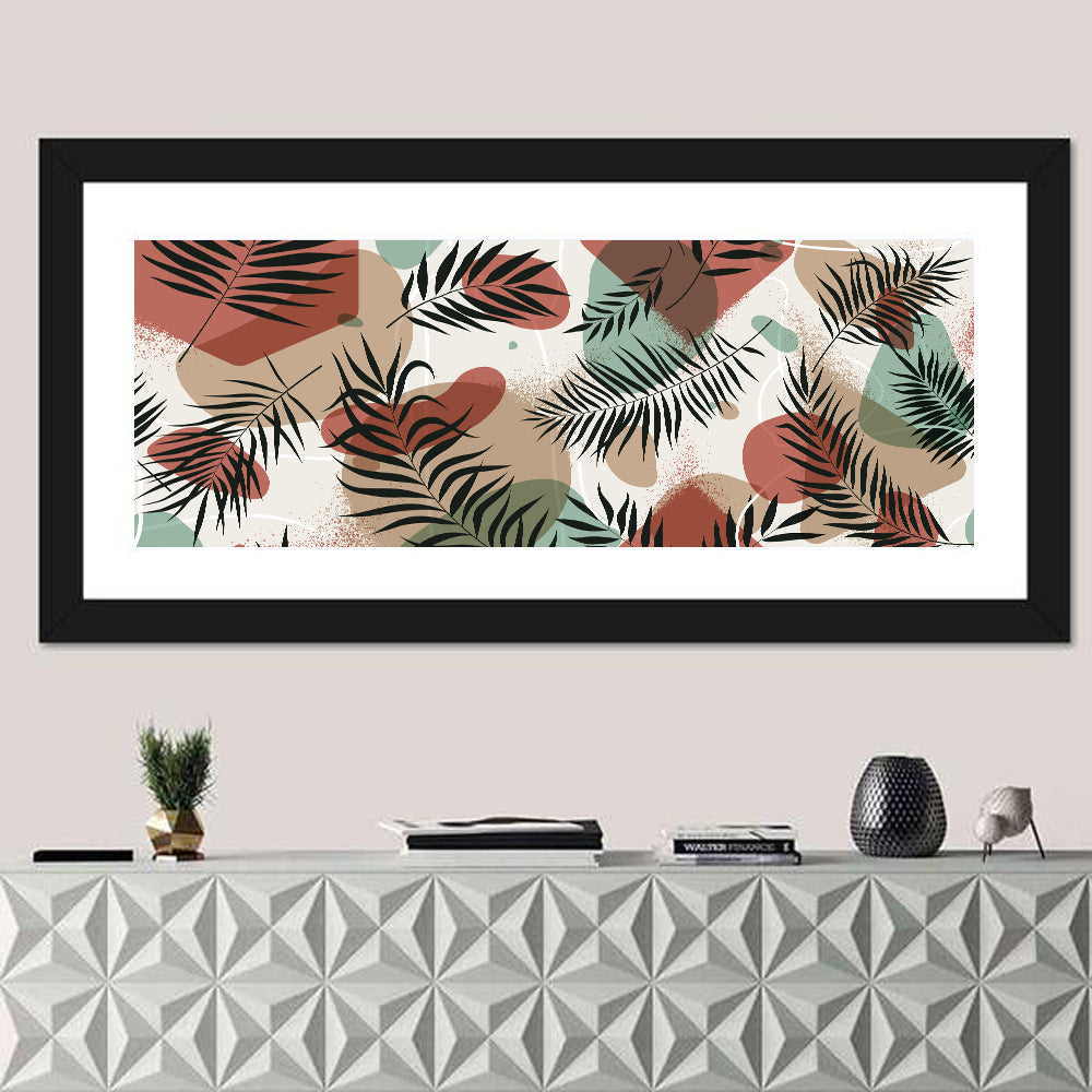 Geometric Tropical Pattern Wall Art in a room, panoramic