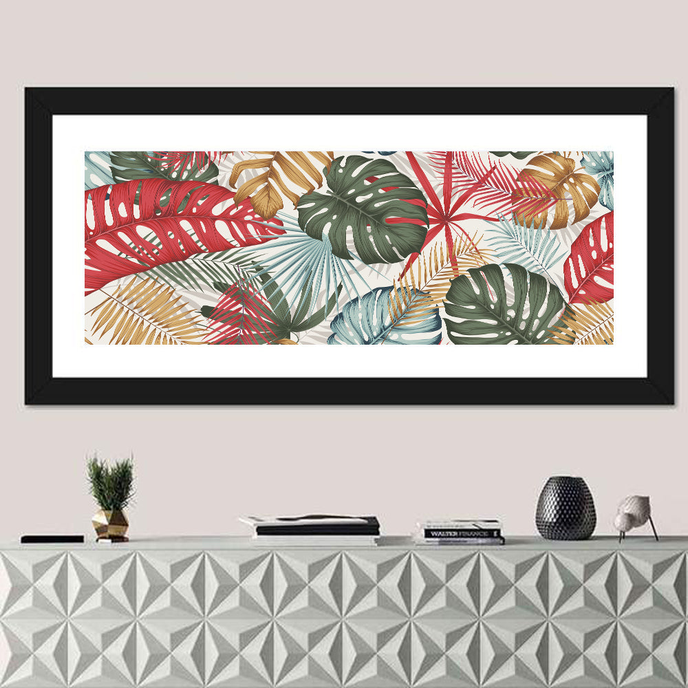 Red and Green Tropical Leaves Pattern Wall Art in a room, panoramic