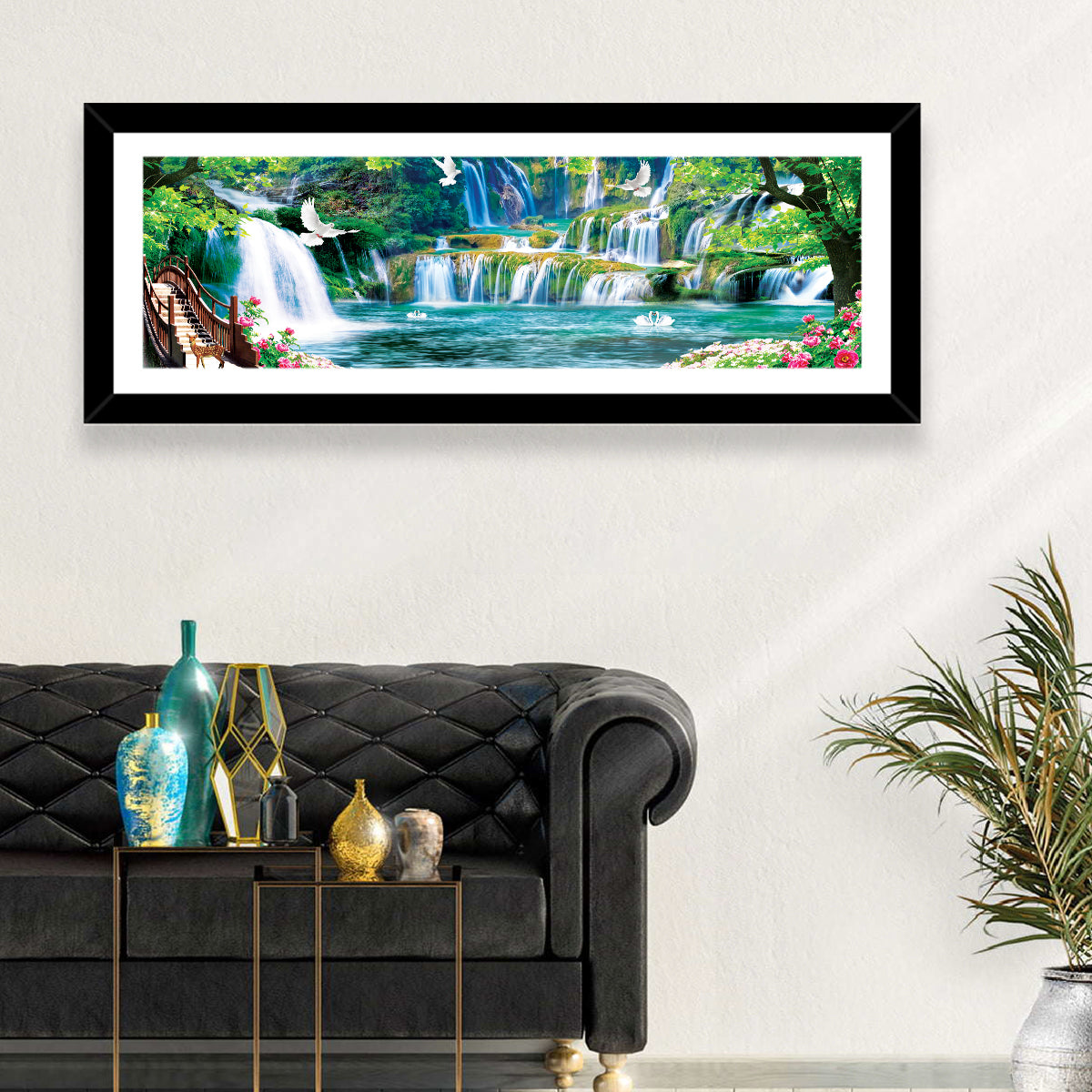 Heavenly Waterfall Scene Wall Art in a room, panoramic