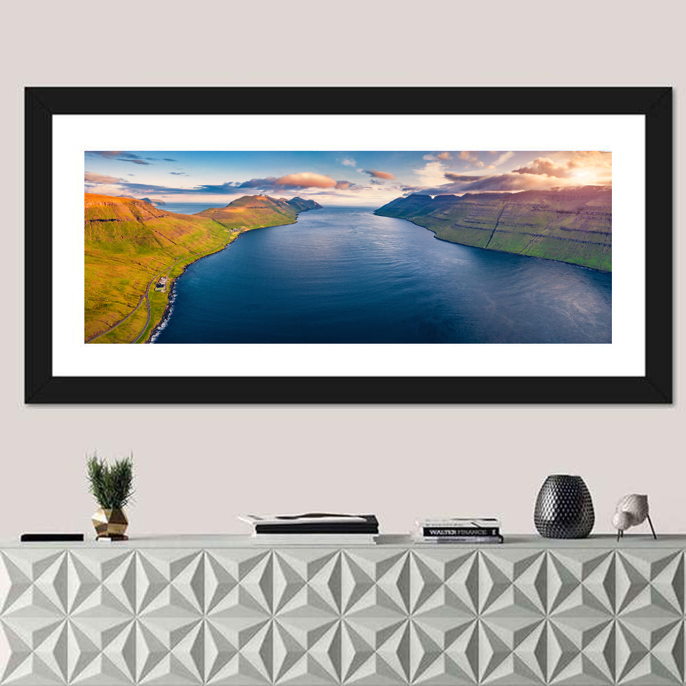 Kalsoy Island Golden Hour Wall Art in a room, panoramic