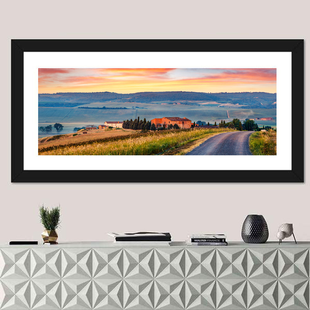 Tuscan Country Road Wall Art in a room, panoramic