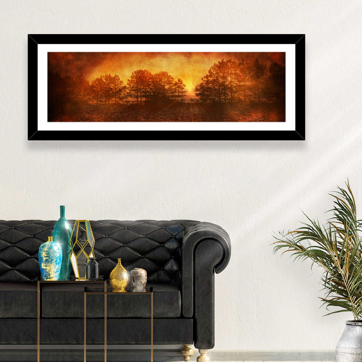 Autumn Forest Sunset Wall Art in a room, panoramic