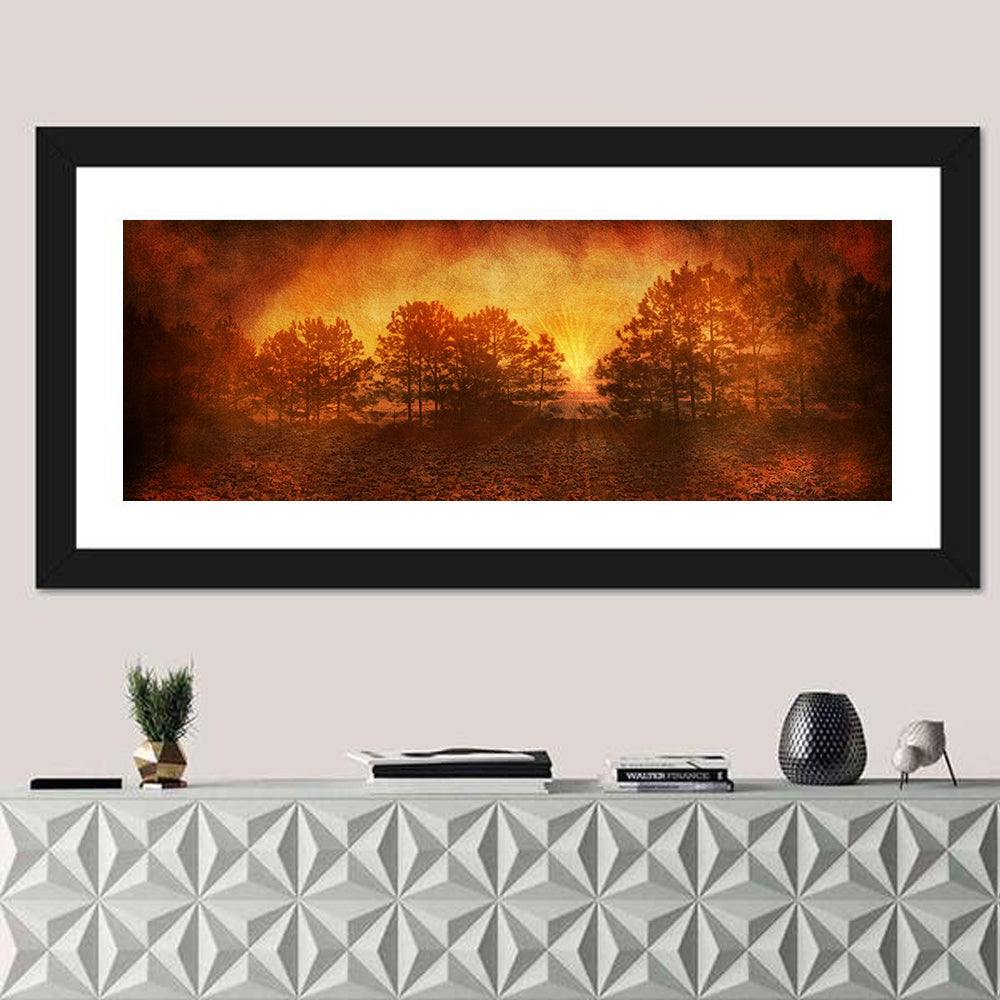 Autumn Forest Sunset Wall Art in a room, panoramic