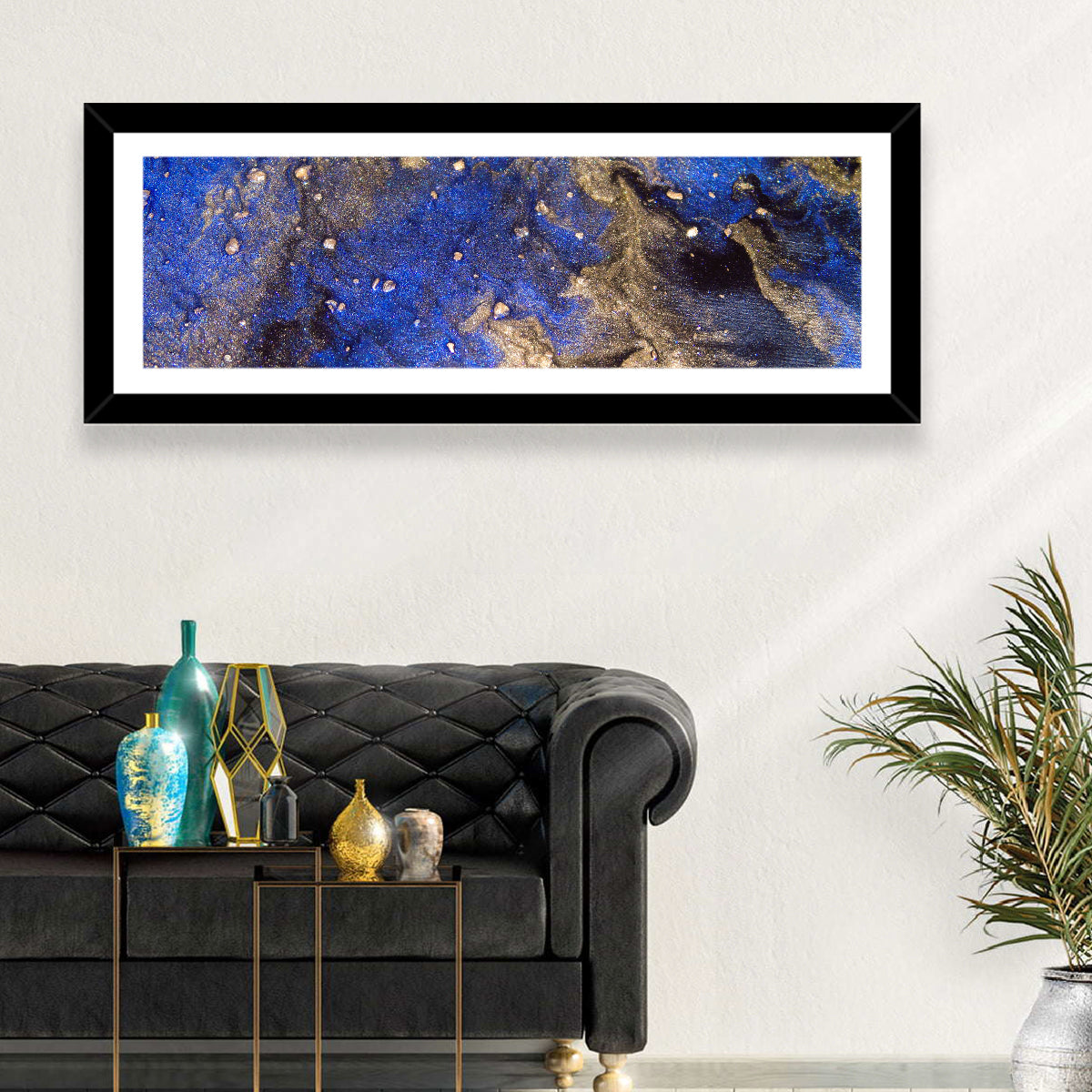Blue Rush Abstract Wall Art in a room, panoramic