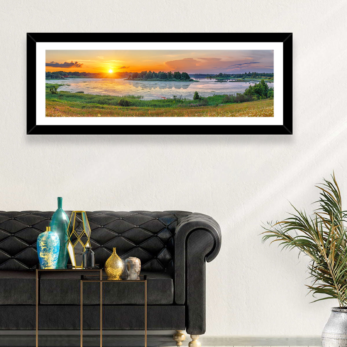 Sunset Over Lake Wall Art in a room, panoramic