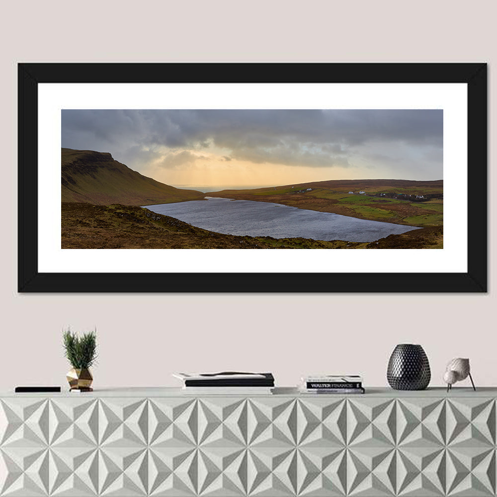 Isle of Skye Lake at Golden Hour Wall Art in a room, panoramic