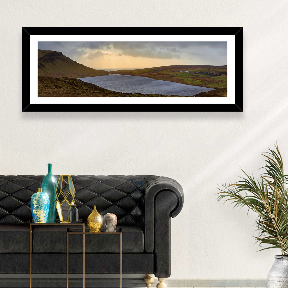 Isle of Skye Lake at Golden Hour Wall Art in a room, panoramic