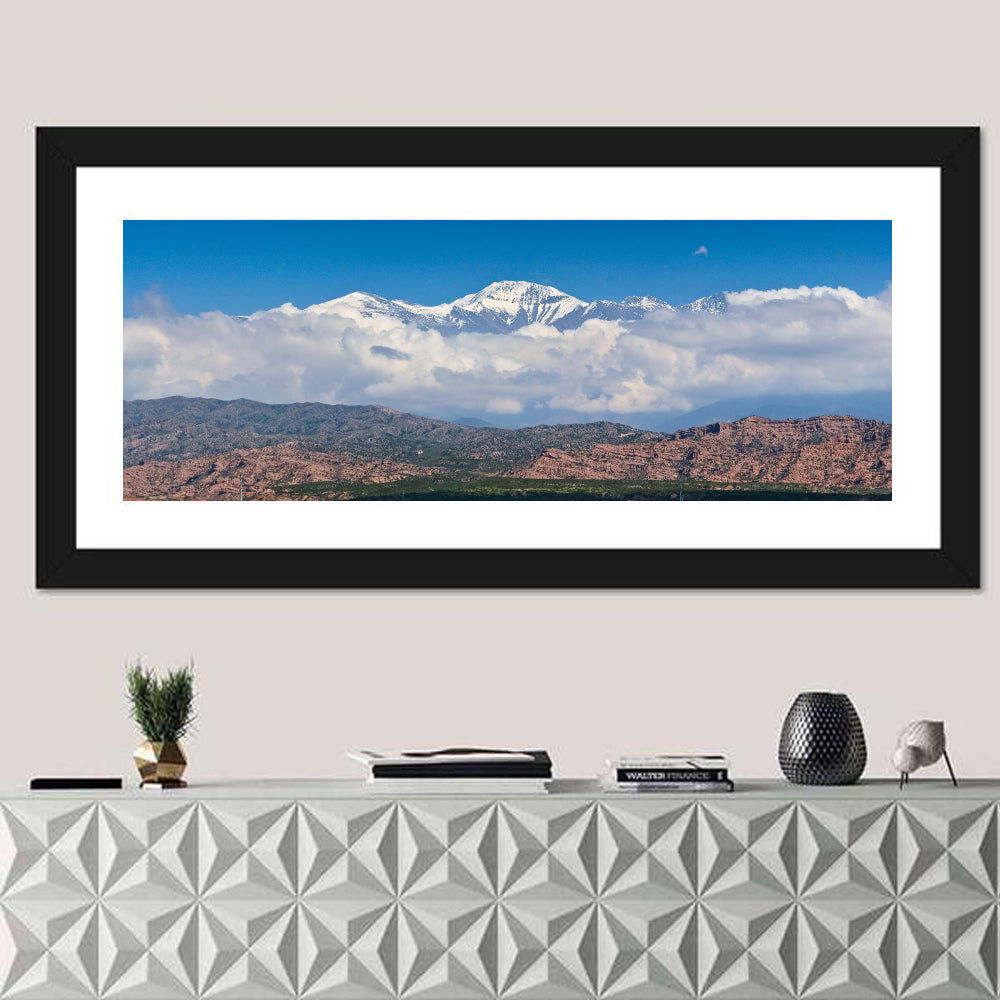 El Plata Snowcapped Peaks Above Cloud Deck Wall Art in a room, panoramic