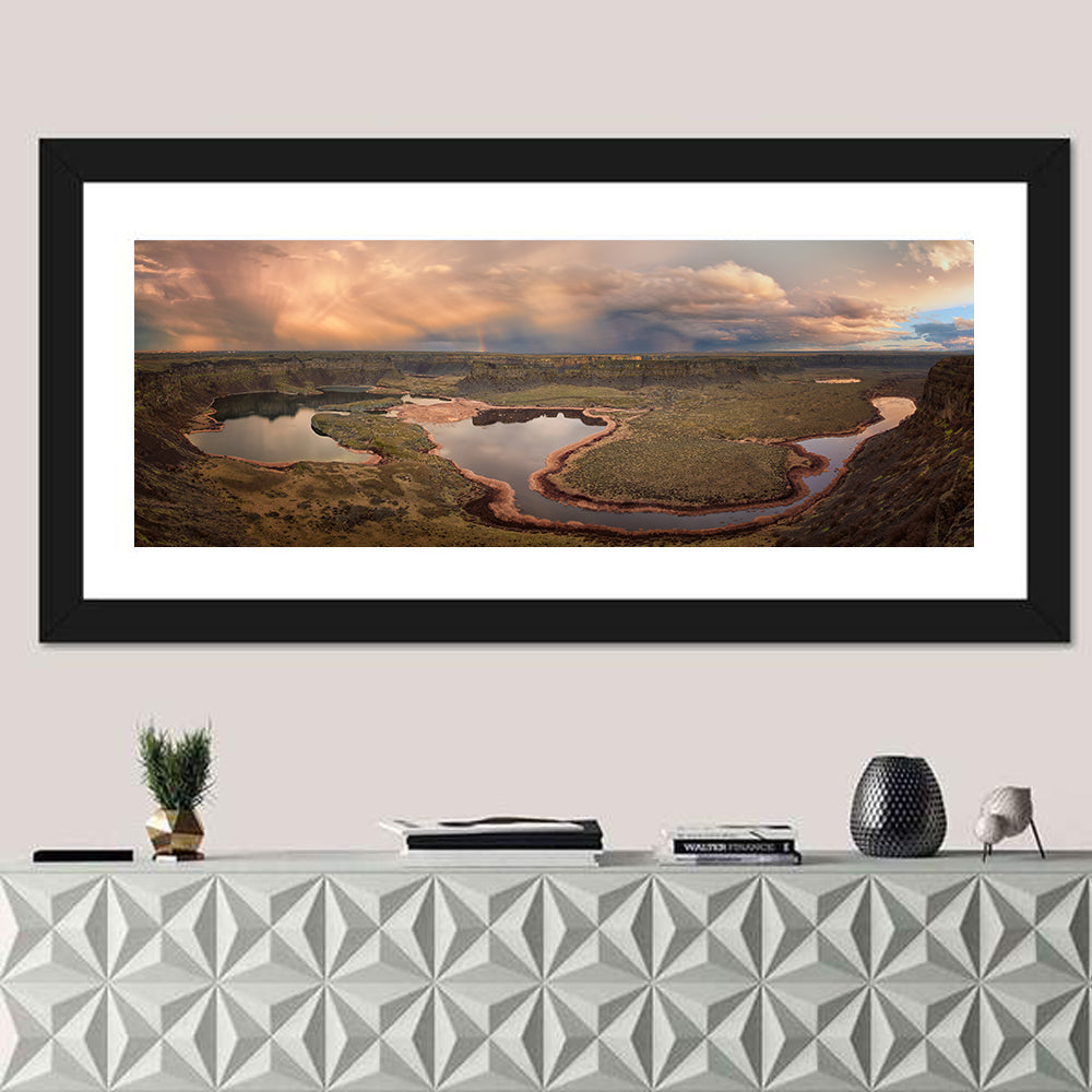 Soap Lake Storm Rainbow Wall Art in a room, panoramic