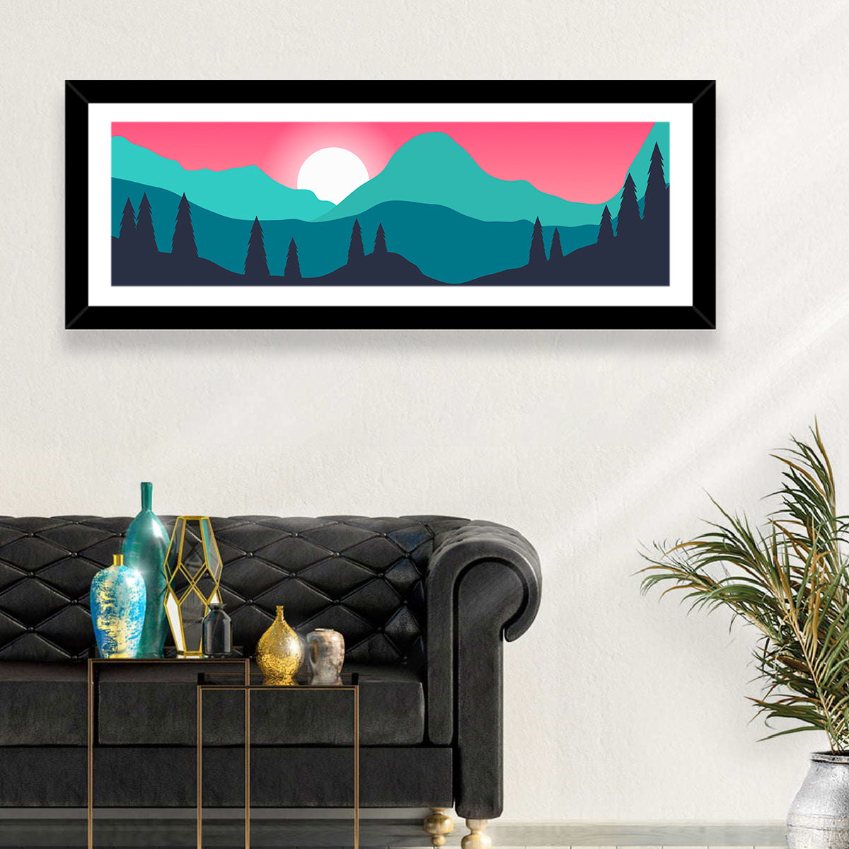 Turquoise and Pink Mountain Sunset Wall Art in a room, panoramic
