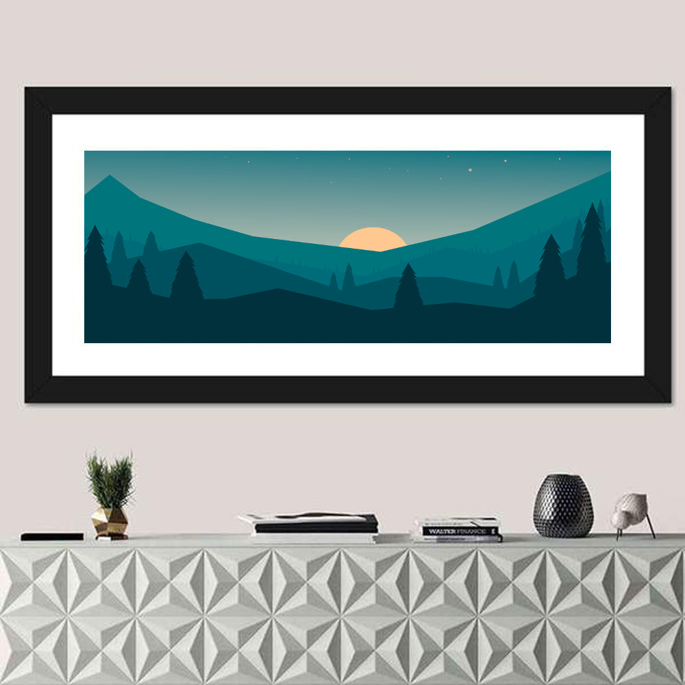 Black Forest Sunset Illustration Wall Art in a room, panoramic