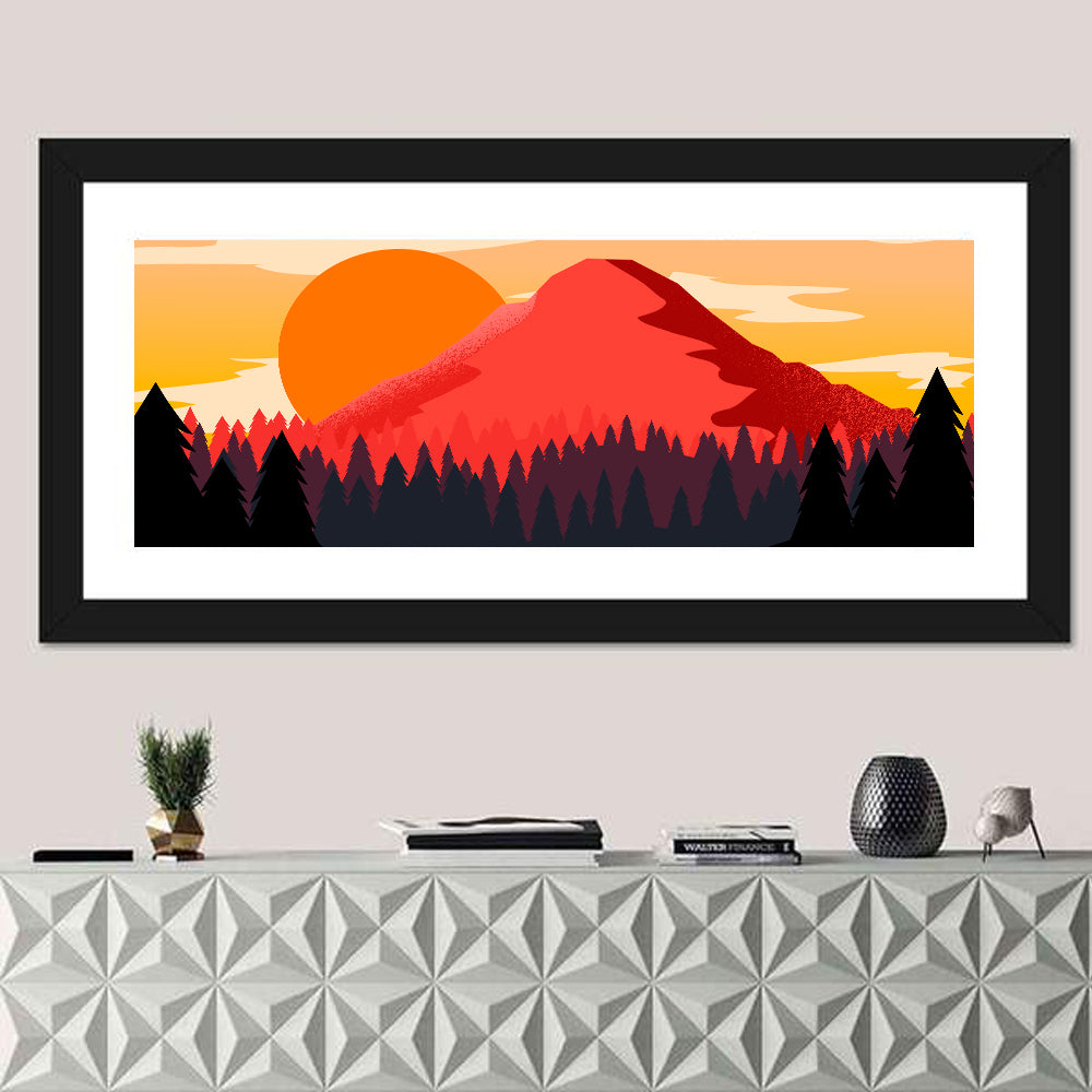 Stippled Red Mountain Sunset Wall Art in a room, panoramic