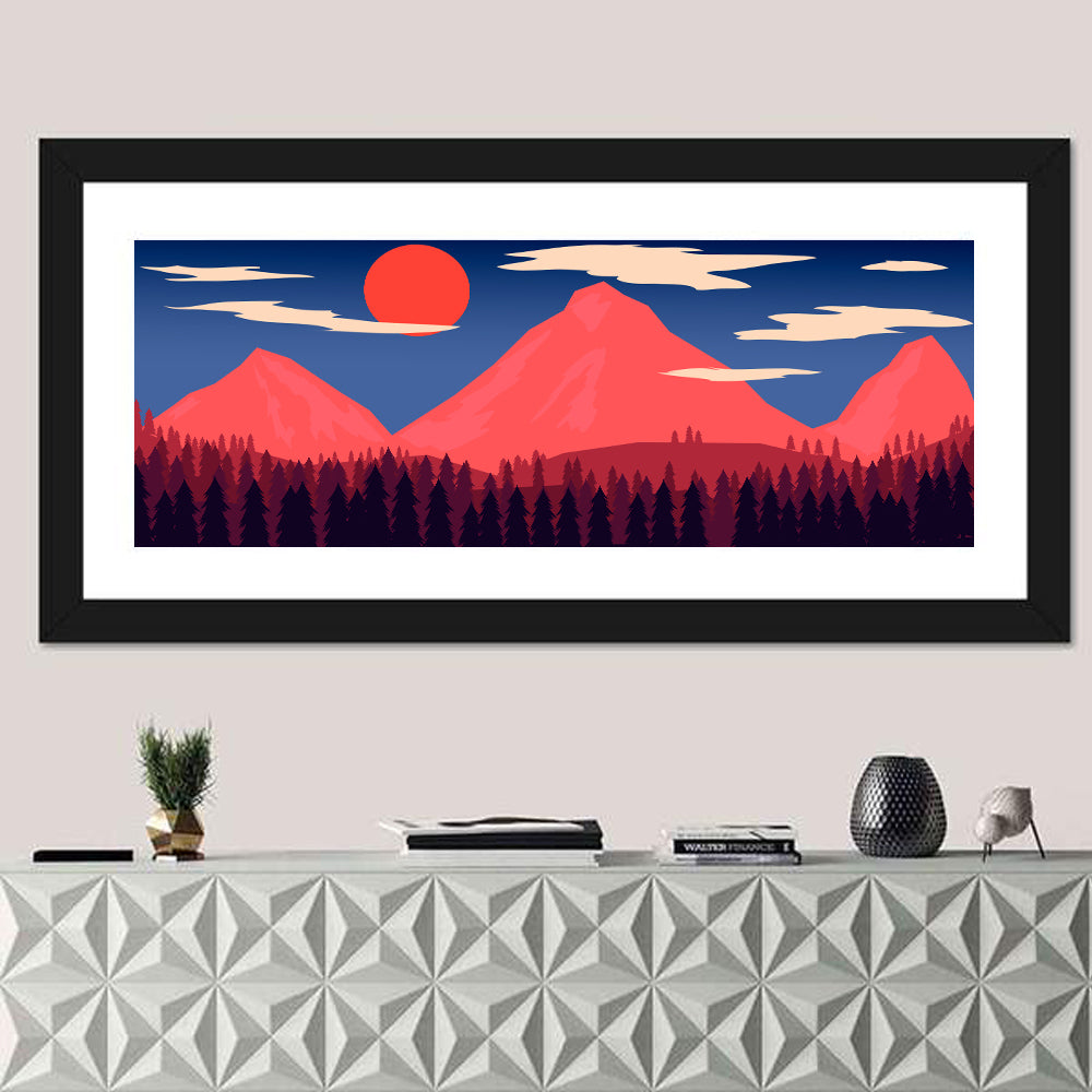 Crimson Sun Over Blue Mountains Wall Art in a room, panoramic
