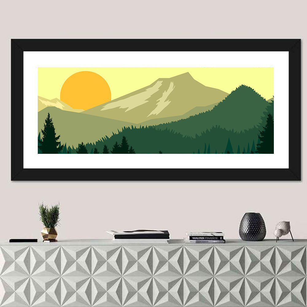 Sunset Over Green Mountains Wall Art in a room, panoramic