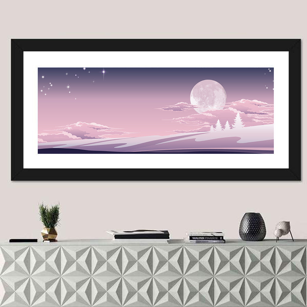 Lavender Moon Winter Landscape Wall Art in a room, panoramic