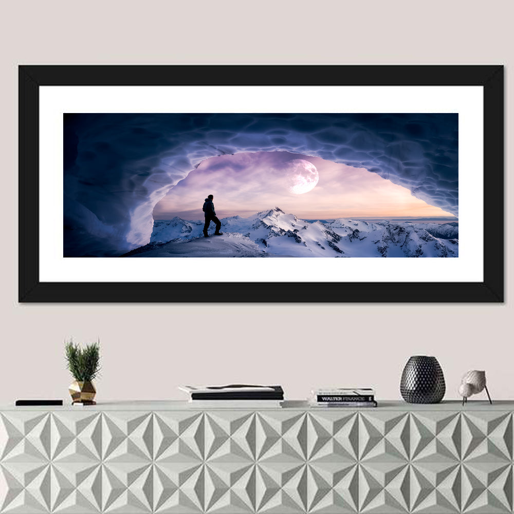Moonlit Ice Cave Hiker Wall Art in a room, panoramic