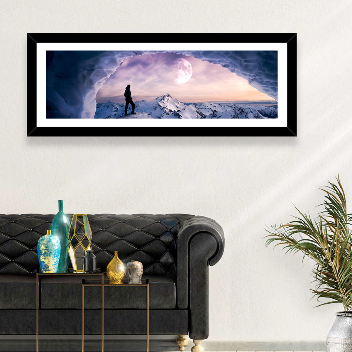 Moonlit Ice Cave Hiker Wall Art in a room, panoramic