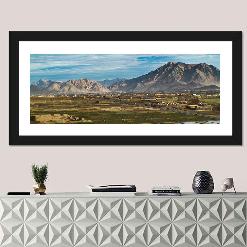 Patchwork Farmland Landscape Wall Art in a room, panoramic