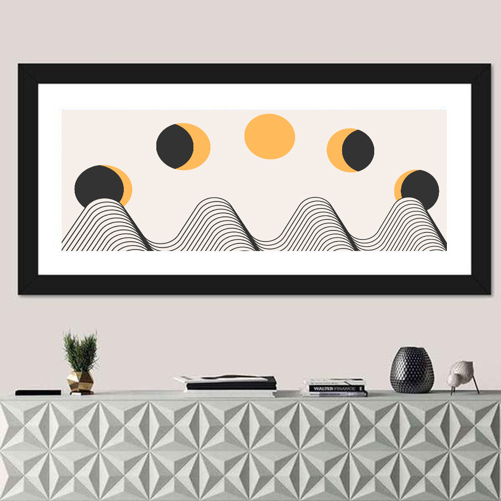 Sun and Moon Over Mountains Wall Art in a room, panoramic