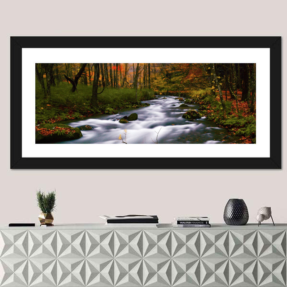 Autumn Forest Stream Wall Art in a room, panoramic