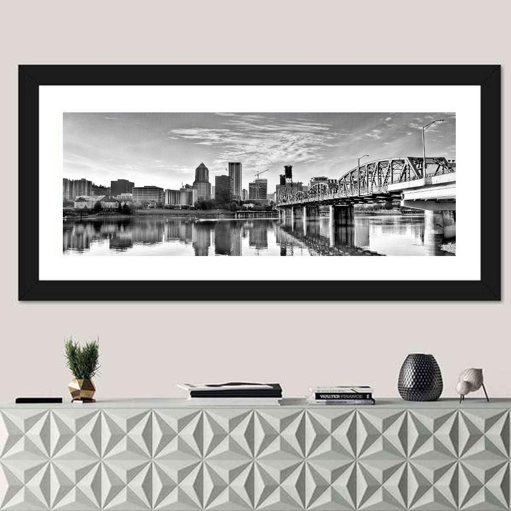 Portland Hawthorne Bridge Skyline Wall Art in a room, panoramic