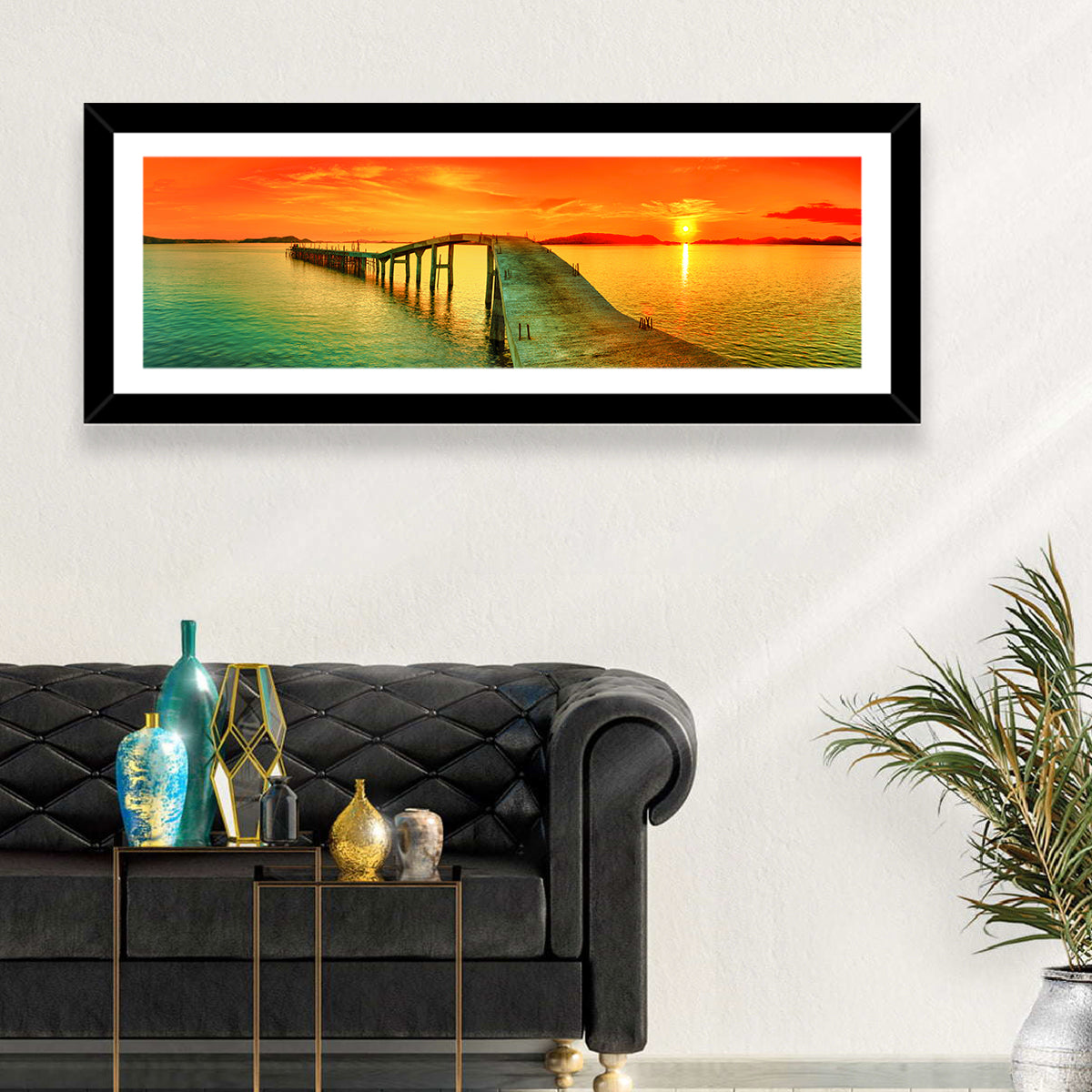 Sea Pier Sunset Wall Art in a room, panoramic