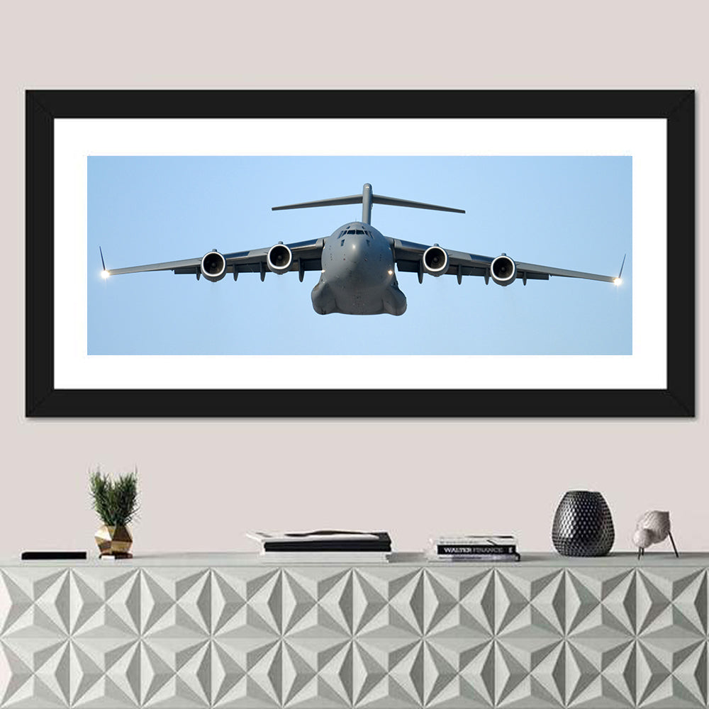 C-130 Head-on Transport Aircraft Wall Art in a room, panoramic