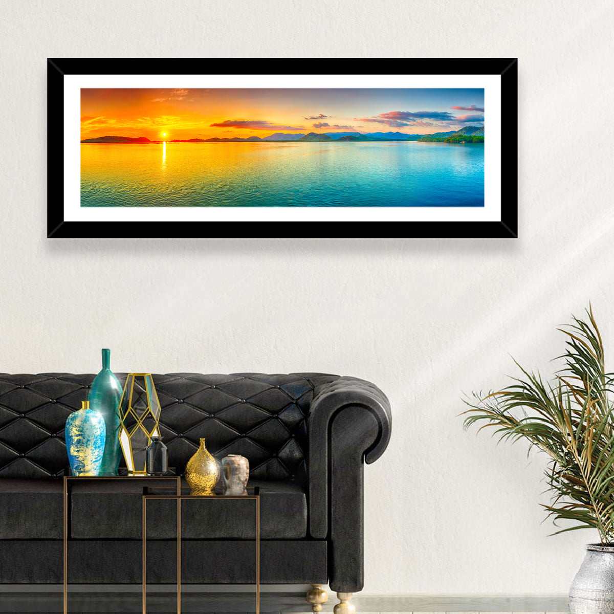 Golden Lake Sunrise Wall Art in a room, panoramic