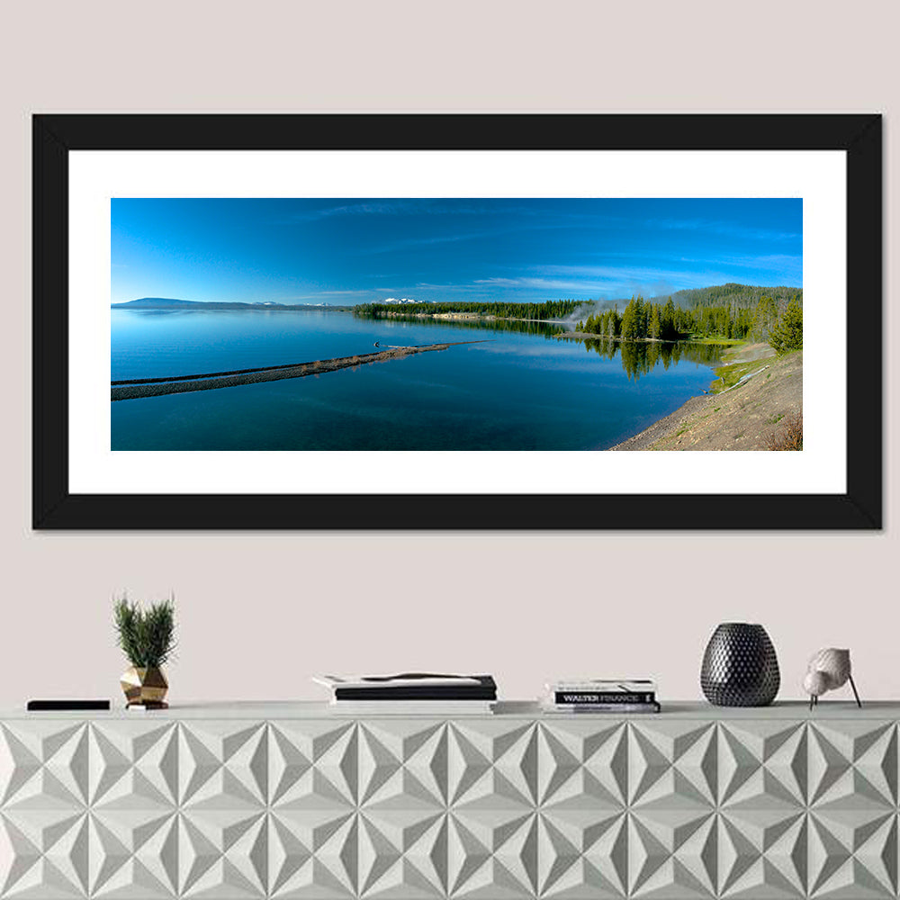 Yellowstone Lake Shore Wall Art in a room, panoramic