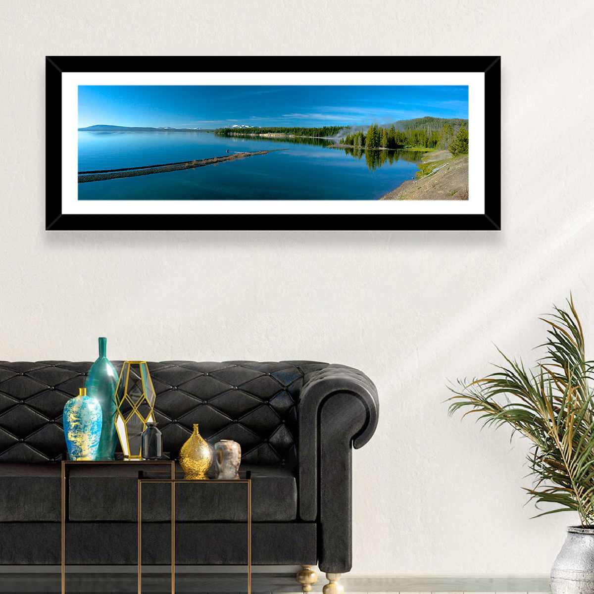 Yellowstone Lake Shore Wall Art in a room, panoramic