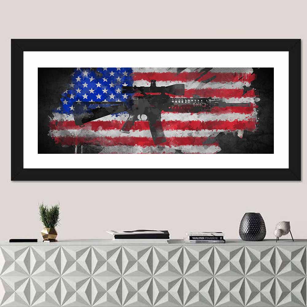 M16 Over Distressed American Flag Wall Art