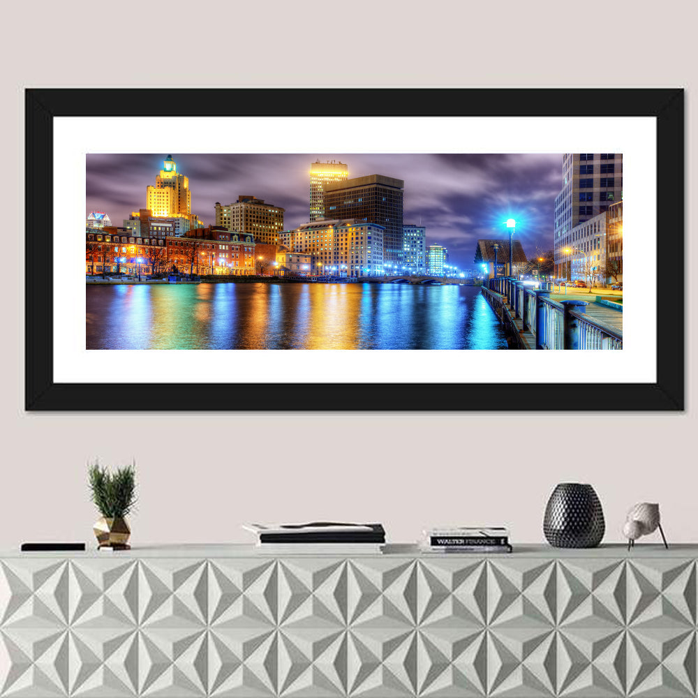 Providence River Night Skyline Wall Art in a room, panoramic