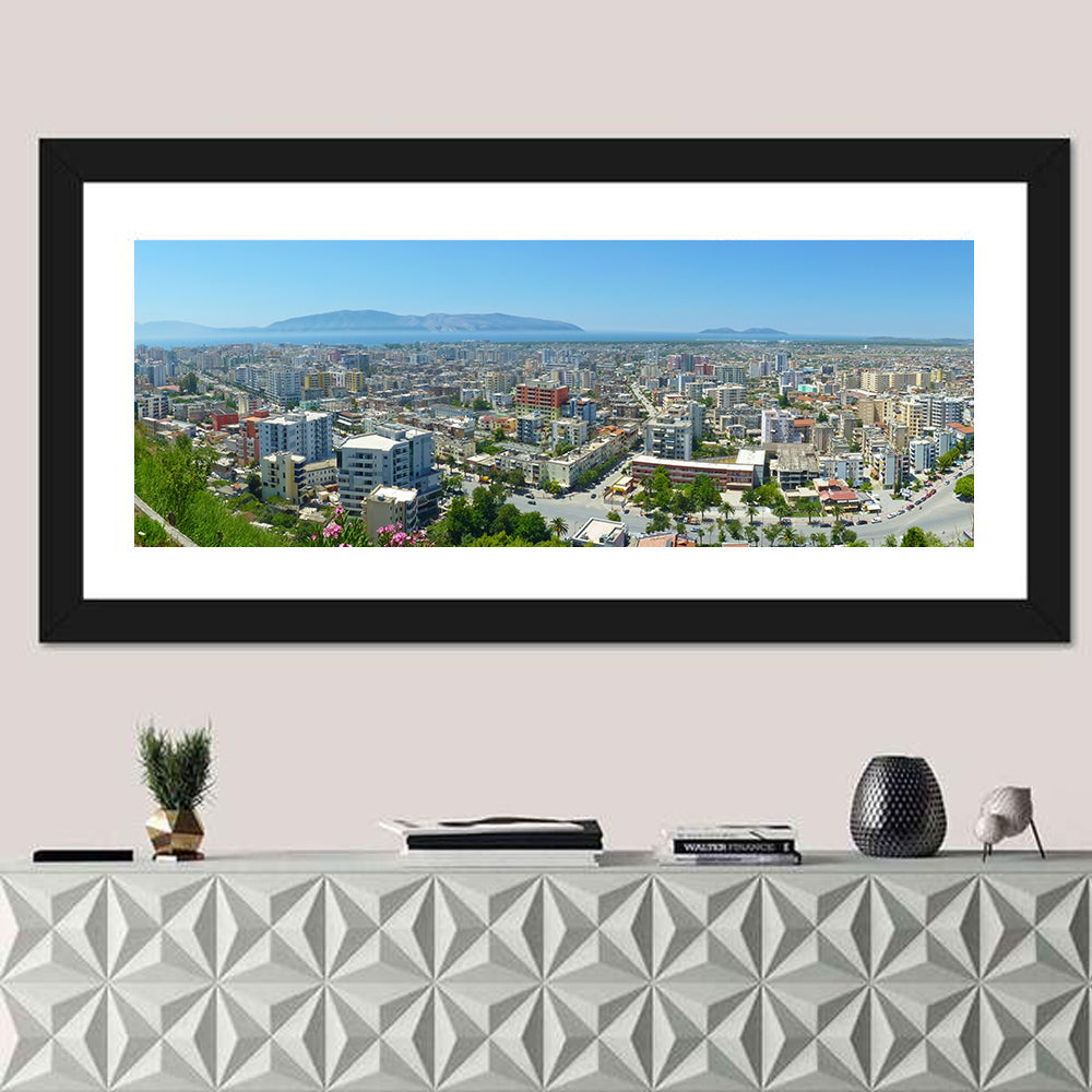 Vlore Coastal Cityscape Wall Art in a room, panoramic