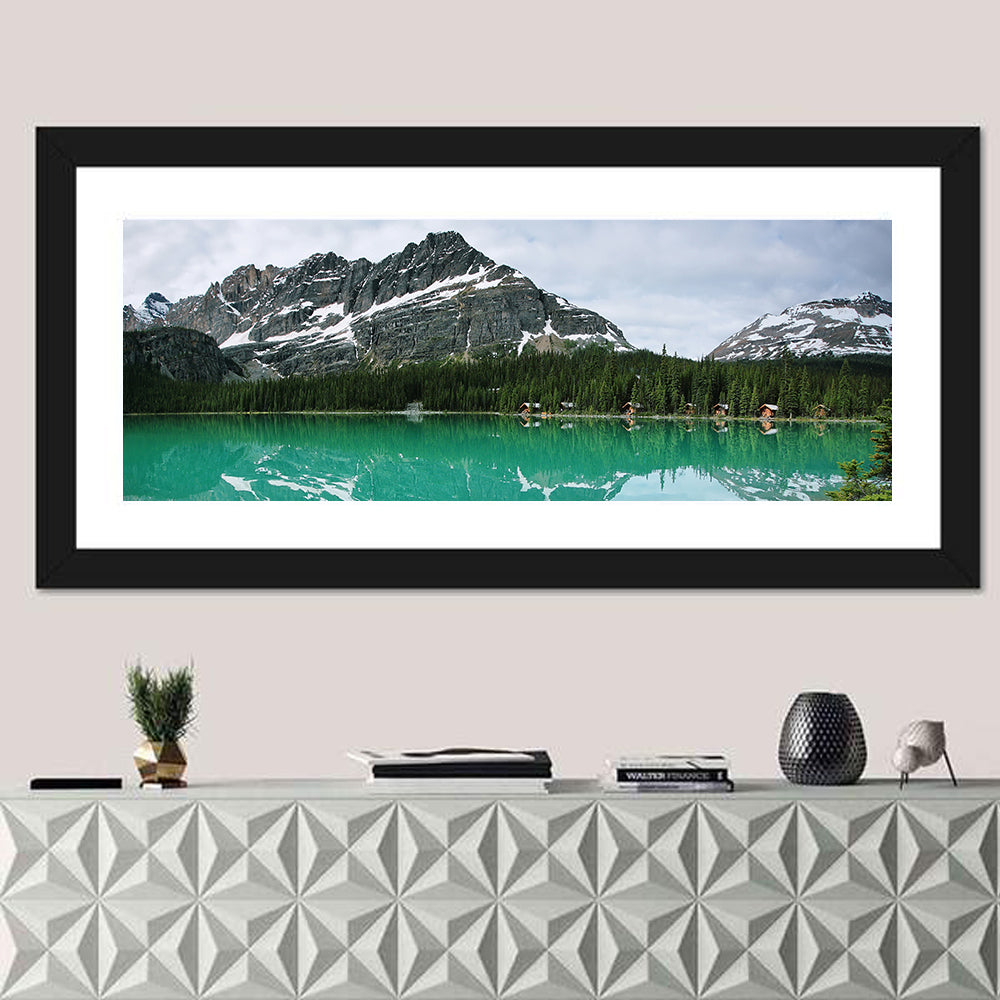 Lake Ohara Turquoise Reflection Wall Art in a room, panoramic