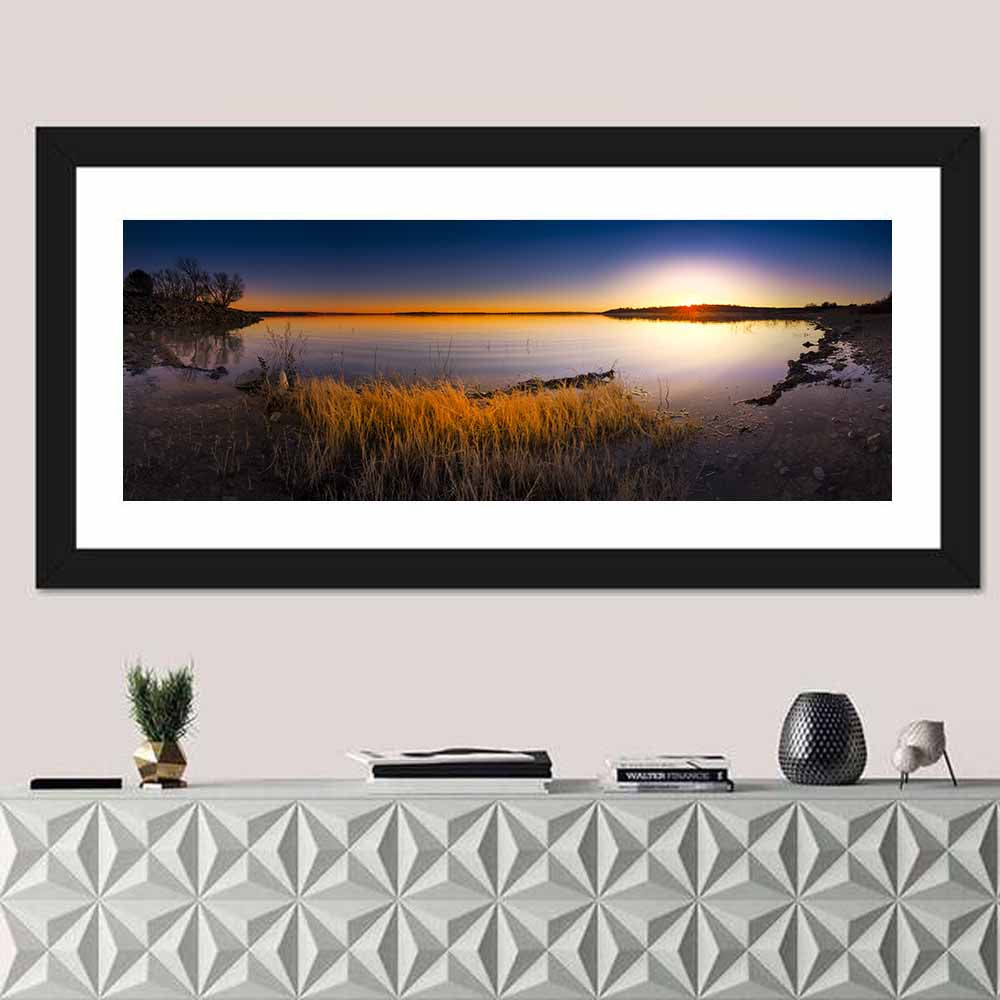 Benbrook Lake Sunset Wall Art in a room, panoramic