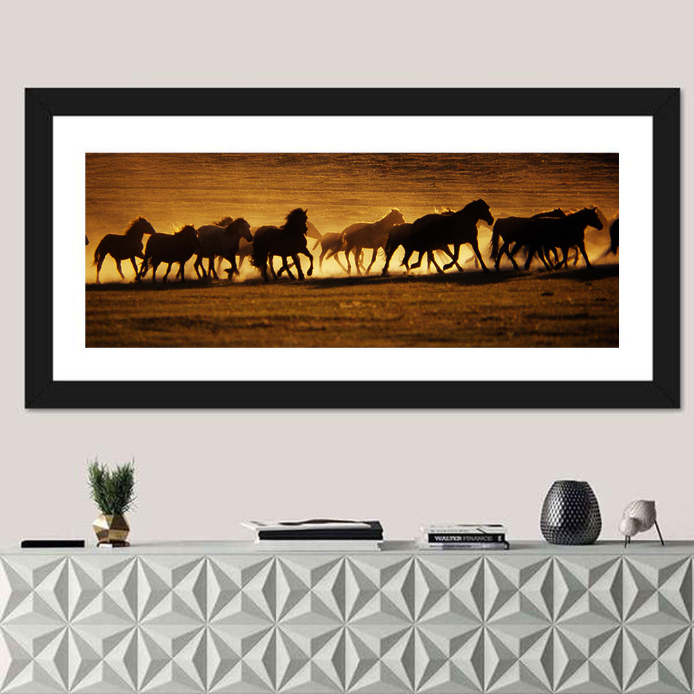 Running Wild Horses at Sunset Wall Art in a room, panoramic