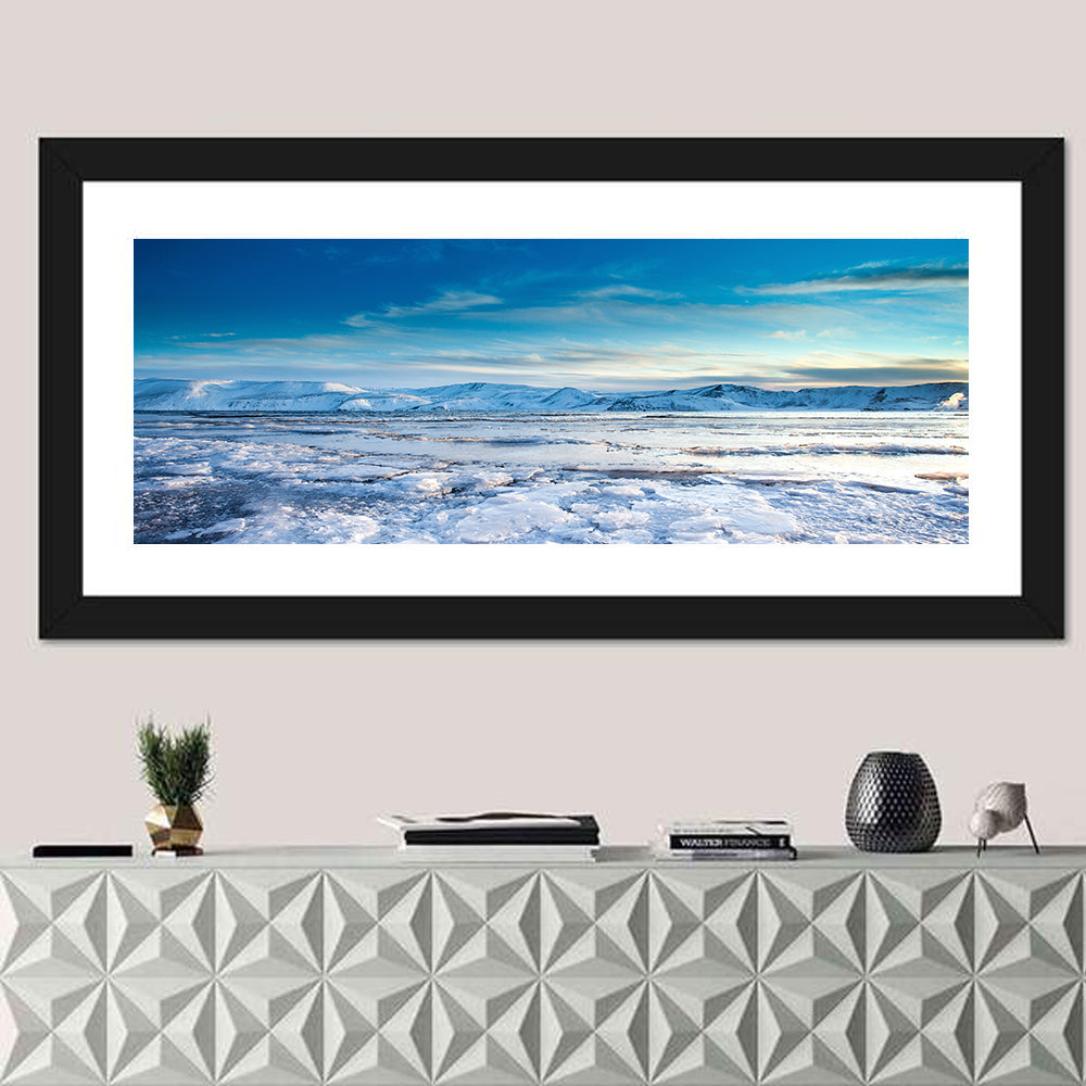 Kleifarvatn Winter Horizon Wall Art in a room, panoramic