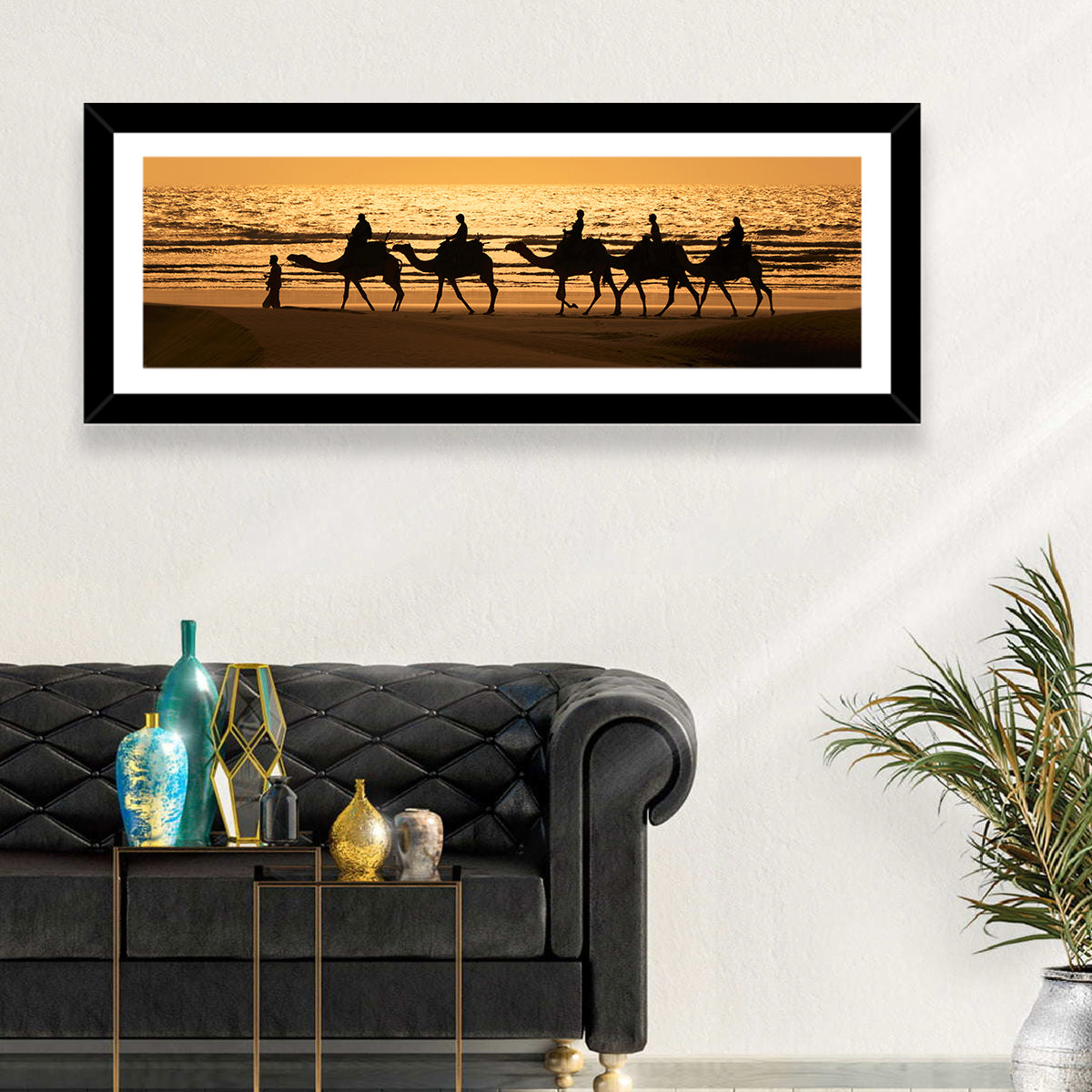 Camel Caravan Silhouette on Wet Sand Wall Art