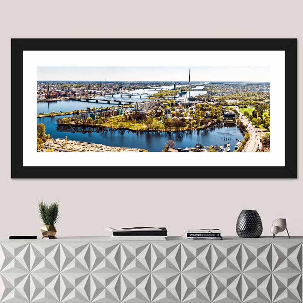 Riga Daugava River View Wall Art in a room, panoramic