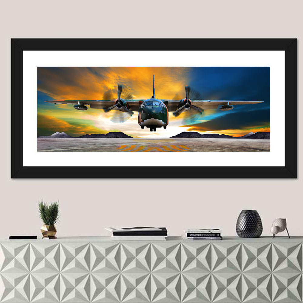 Cargo Plane Landing at Sunset Wall Art in a room, panoramic