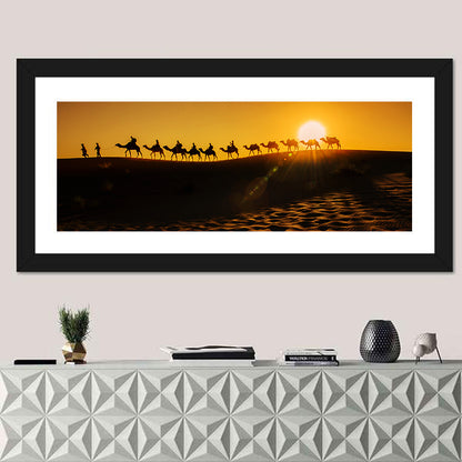 Camel Caravan Silhouette at Golden Sunset Wall Art
