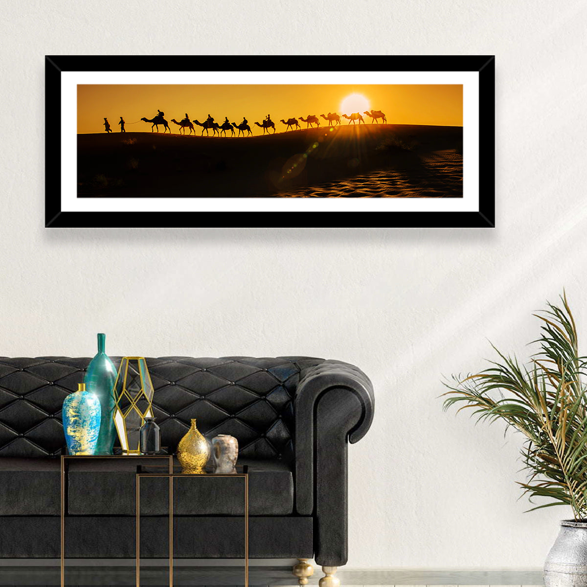 Camel Caravan Silhouette at Golden Sunset Wall Art