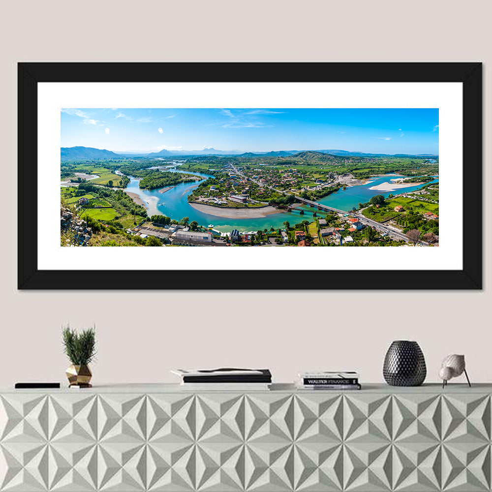 Shkodër River Valley Wall Art in a room, panoramic
